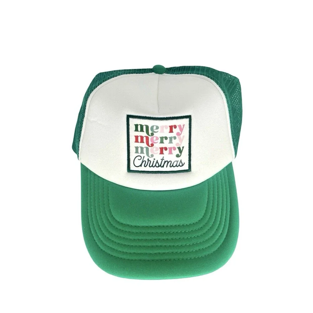 Merry Christmas Trucker Hat Green White Mesh Snapback Holiday Retro Cap